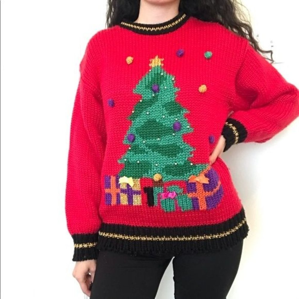 vintage knit ugly Christmas sweater by EVE Christmas tree gifts beads size 22W